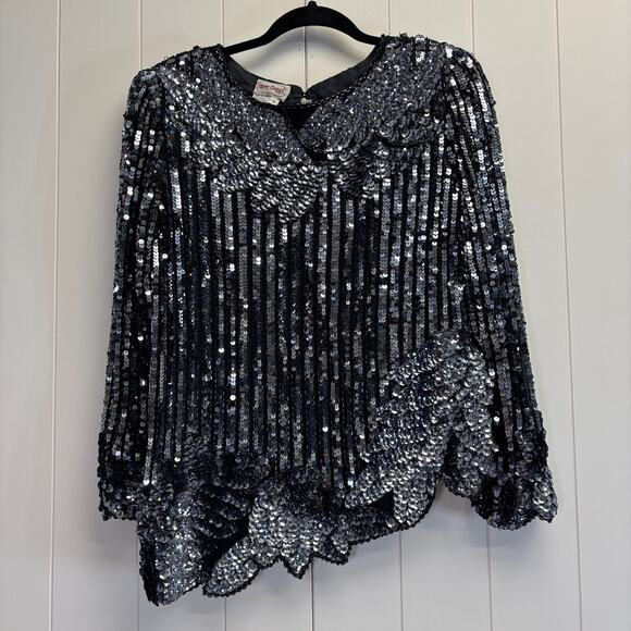 Vintage Three Flaggs Womens Glam Sequins Silk Old Money Top Size S Cocktail - Picture 1 of 7